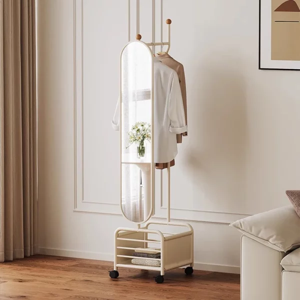 Portant vêtement miroir sur roulettes avec rangement – Image 2