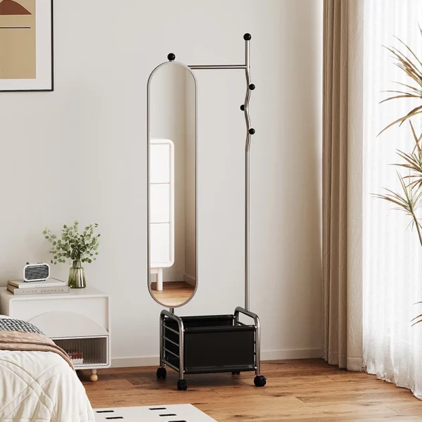 Portant vêtement miroir sur roulettes avec rangement – Image 7