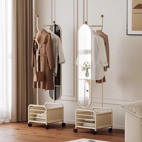 Portant vêtement miroir sur roulettes avec rangement – Image 4