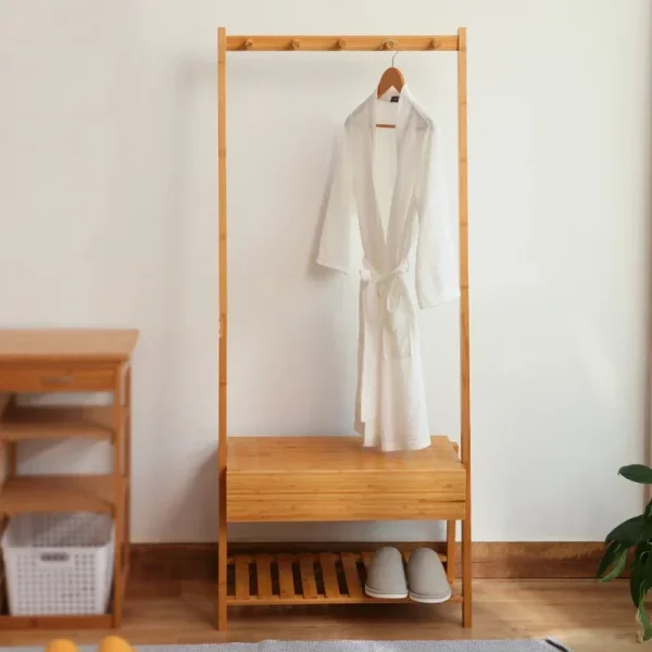Portant vêtement bambou avec banc pratique et tablette basse