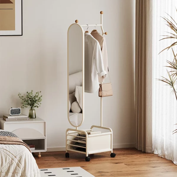 Portant vêtement miroir sur roulettes avec rangement – Image 9