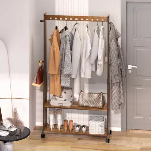 Portant vêtement bambou à roulettes avec étagères de rangement