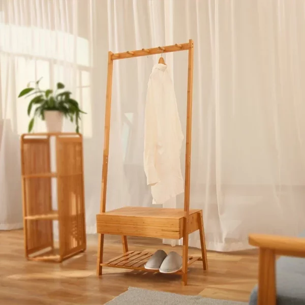 Portant vêtement bambou avec banc pratique et tablette basse – Image 4