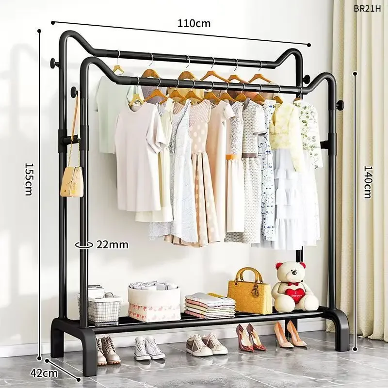 Portant vêtement double large avec base étagère de rangement